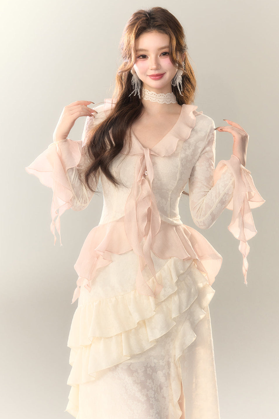 トップス スイート + ロングスカート シアー フリル