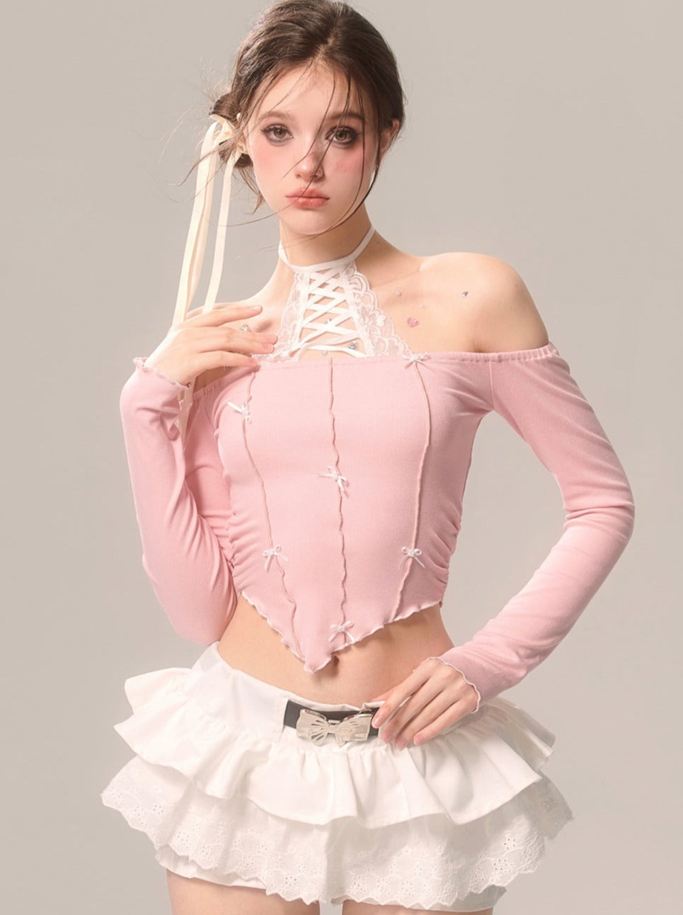 パールリボンスカート ホワイトフレンチパンツ レースフレア ホワイトアイ