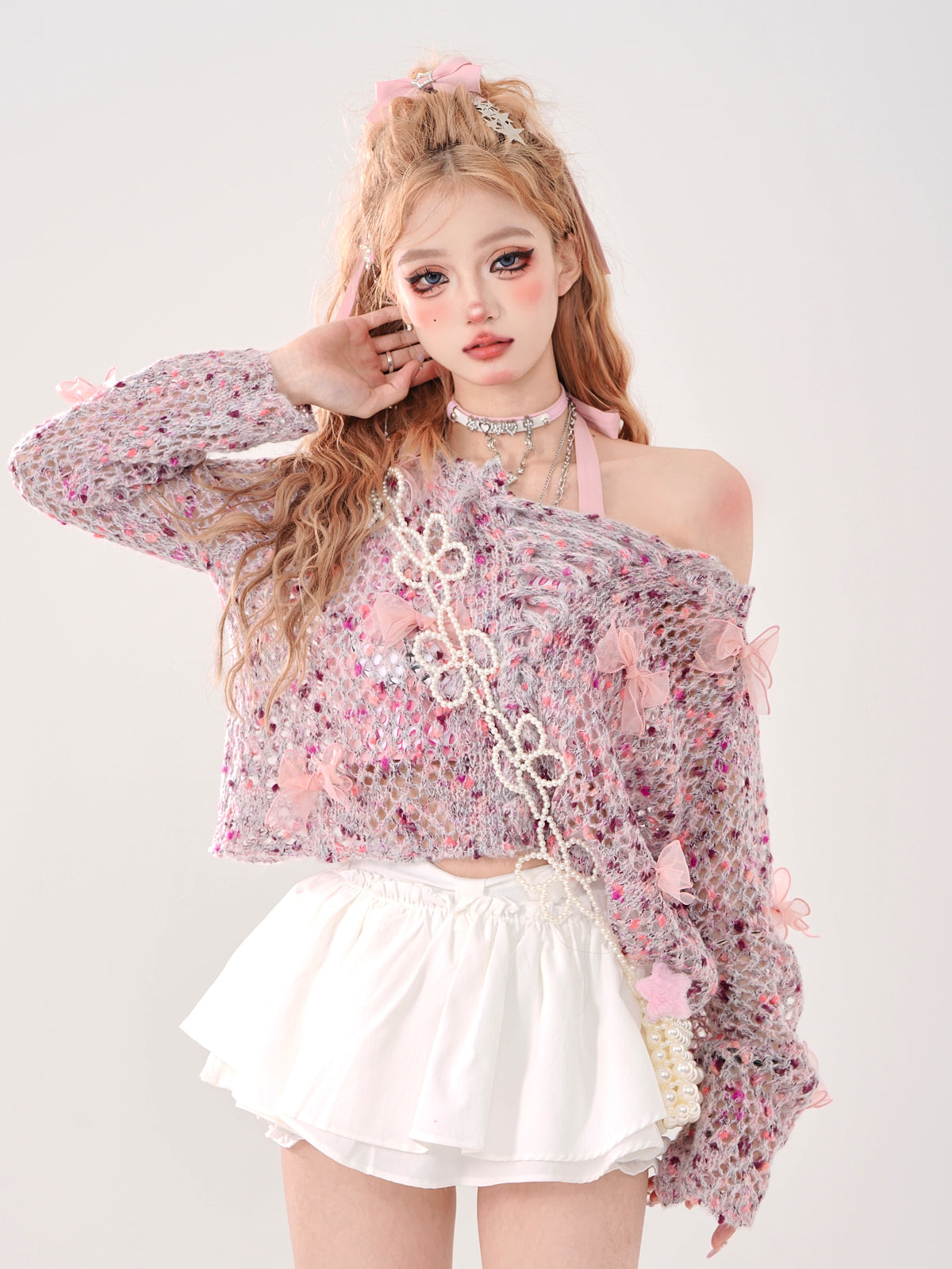 Durchbrochenes kurzes Band, rosa Blumenstrick