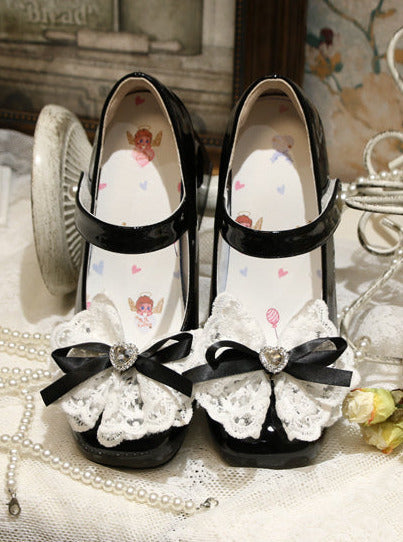 エレガントなフレンチスクエアレースリボンシューズヒールトゥロリータラブ