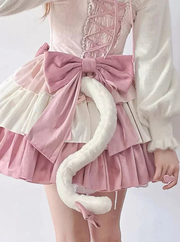 サスペンダードレスセット 耳付きベルベットテールヘアバンド フリル ふわふわ猫ハート