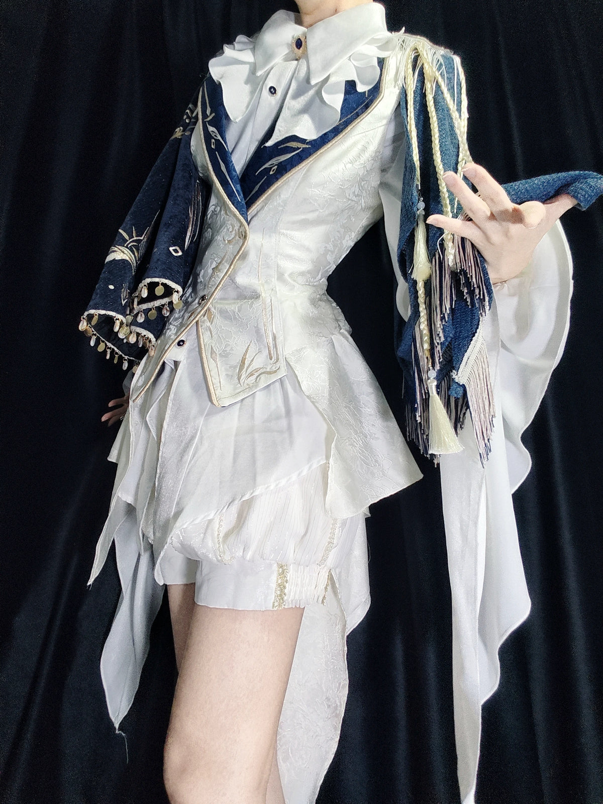 Navy embroidered vest styled over shirt — ZERO The Fool collection
