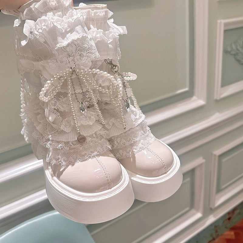 35-39 Retro Pearl Lace Platform Heel Ankle Boots