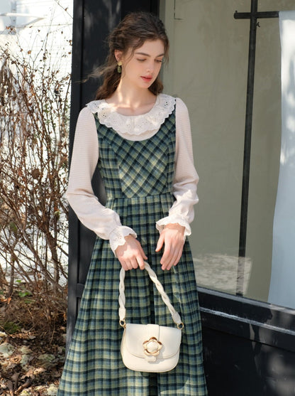 カラースカート レトロ サスペンダー グリーン チェック フリル ブラウス レース