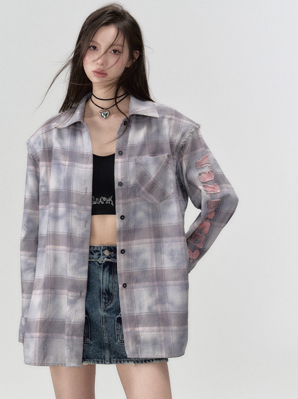 Check Shoulder Loose Silhouette Shirt