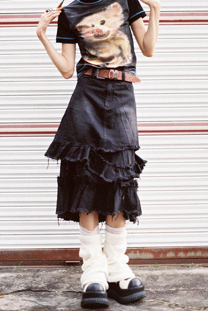 切りっぱなしミディデニムスカート