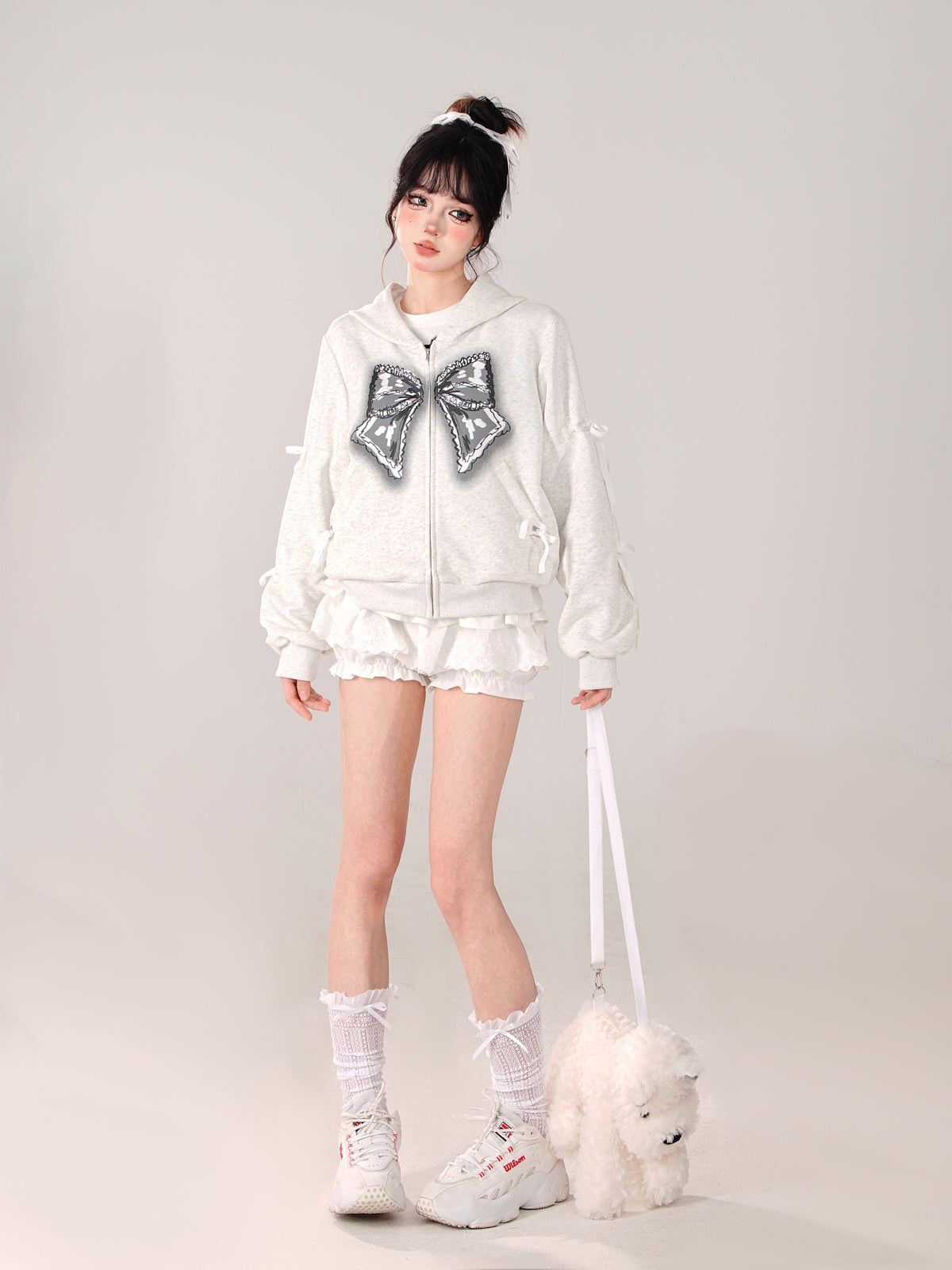 Zip-Up Hooded Loose Black Hoodie Ribbon