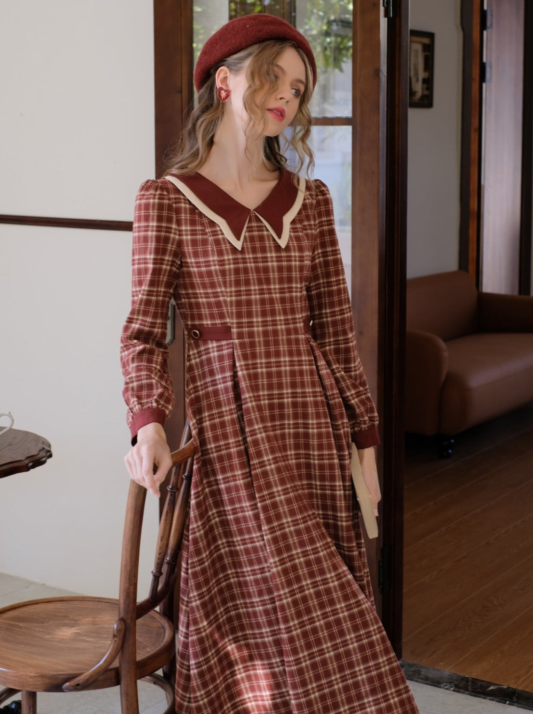 チェックドレス ラテ バタフライ レトロ ブラック ティーカラー フレンチ