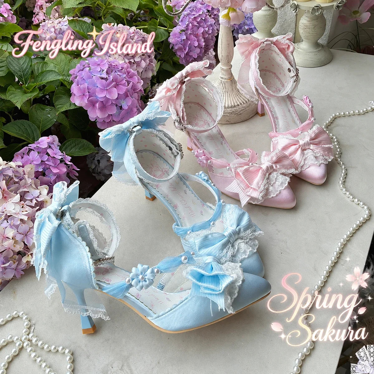 Spring Sakura satin Lolita heels in pink and sky blue with lace and bow trim