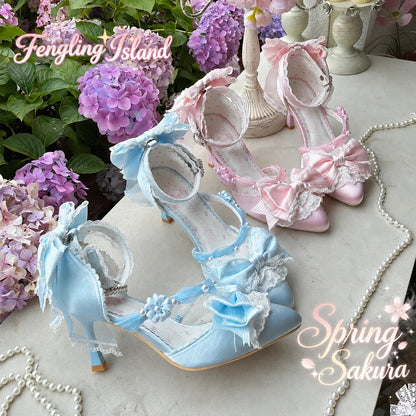 Spring Sakura satin Lolita heels in pink and sky blue with lace and bow trim