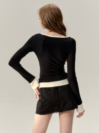 ステッチラウンドネックフェイクツーピースセーター