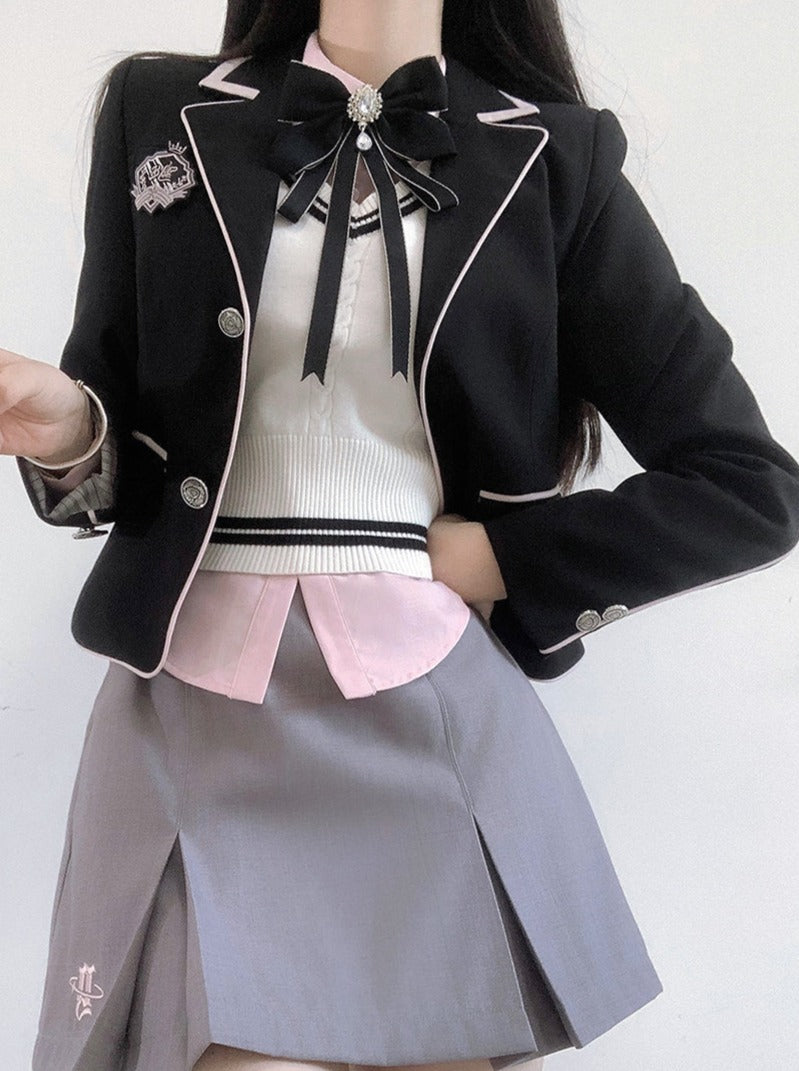 Jacket College Vest + Skirt Shirt Box + Slim Pleated Girl Sweet Ribbon Style