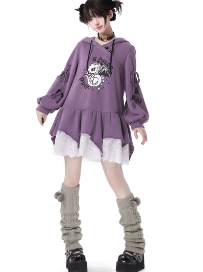 Purple Air Dragon Embroy Dary Plash Jacket + Hood Print Sweat Dress