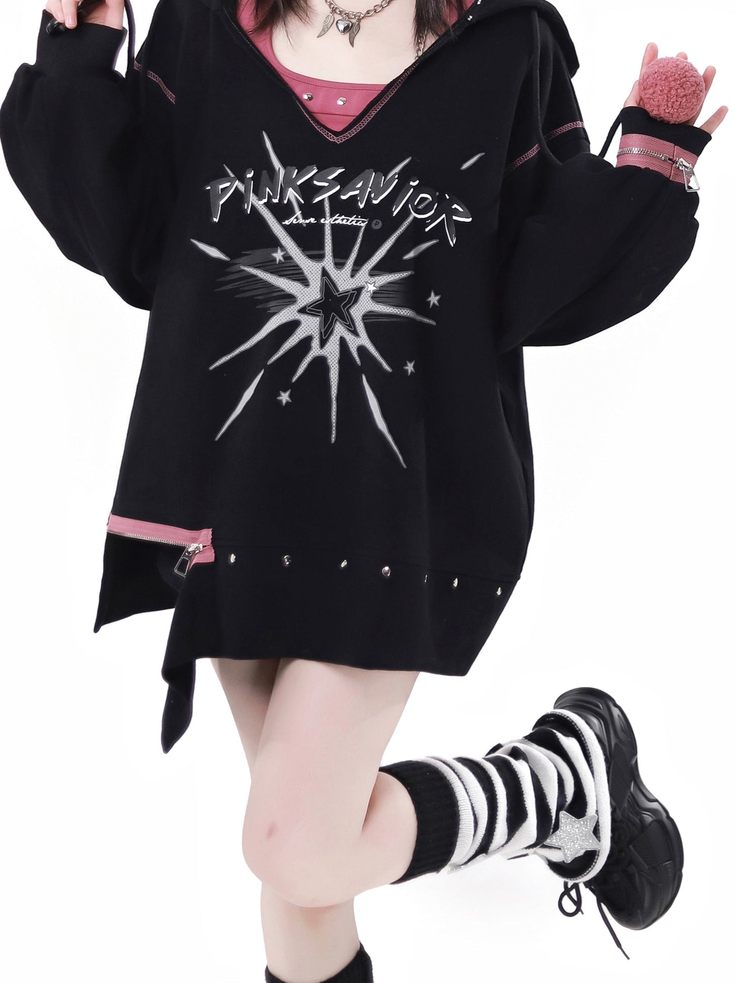 Fur Ball Zip Slit V-Neck Hoodie + Halter Neck Cami Top