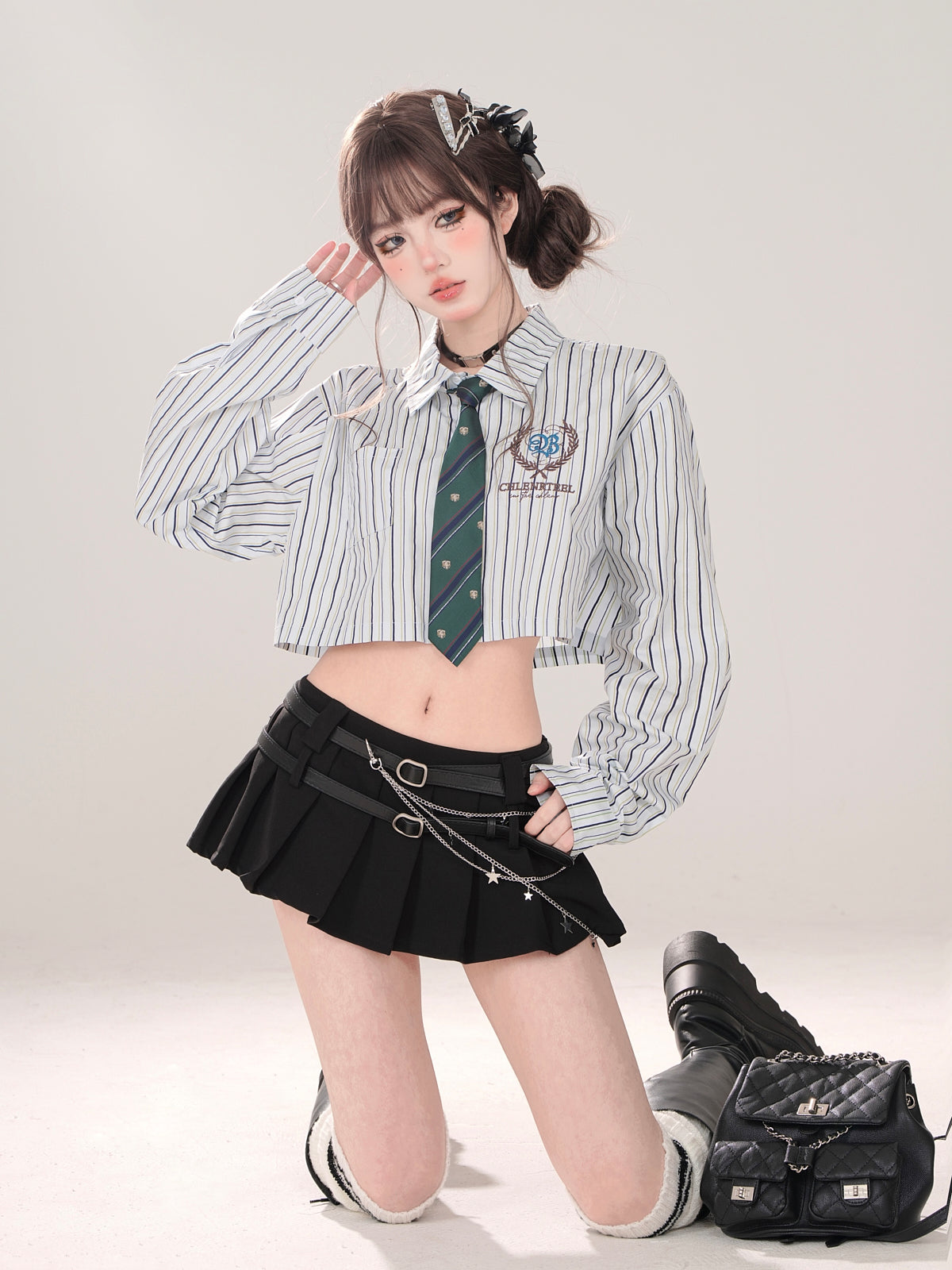 Tie Set Short Style Polo + Collar High Shirt Stripe School