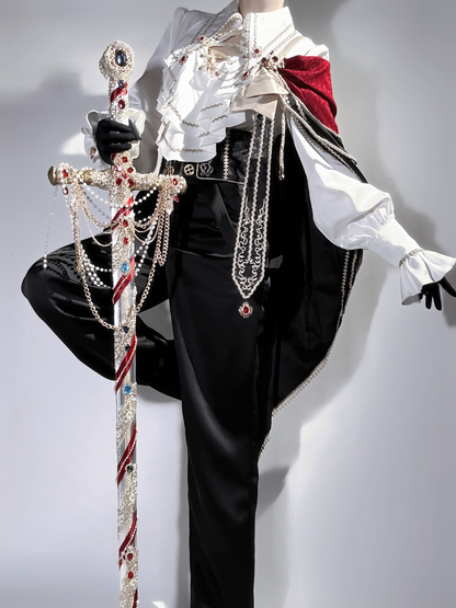 Knight-inspired ouji Lolita outfit side view with burgundy shoulder cape