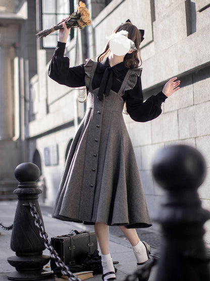 Suspender Retro Shirt Ruffle Ribbon Skirt Elegant Sleeve Black + Volume Shoulder