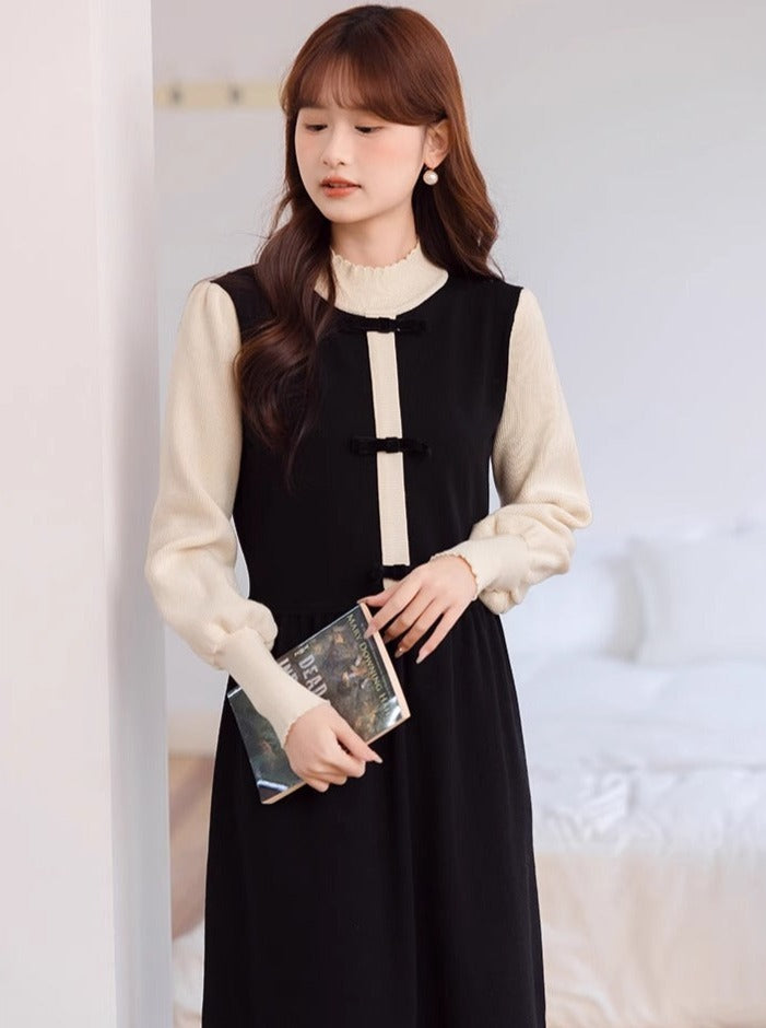 Stück Kragen Hohe Kleid Halb Zwei Kontrast Faux