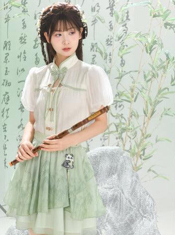 チャイナシャツスカートスリーブドレスパンダカンフーパフフーミント+シフォンセット