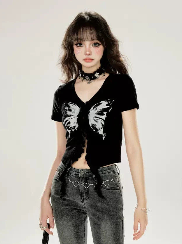 Kurzes schwarzes Top Butterfly Slim