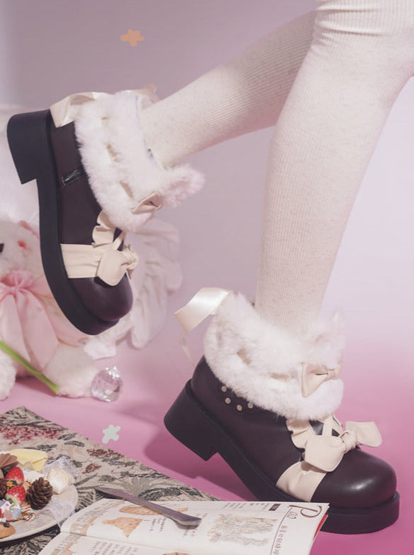 Boots Snow Mid Velvet Color Lolita Block Short Ribbon Heel Sweet