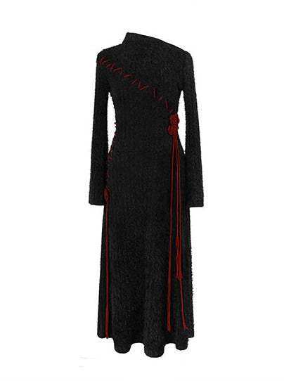 Kontrastkleid Rose Unregelmäßig Rot Strickärmel Dunkel Schwarz Glocke