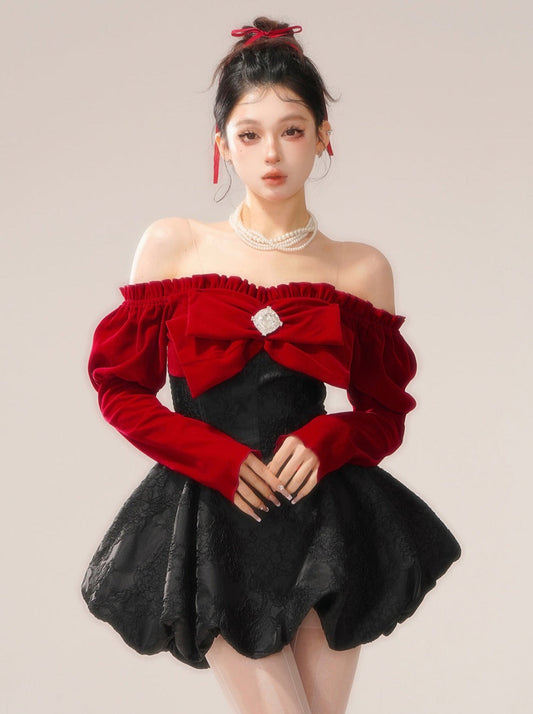 Center Jewel Big Bow Off-the-shoulder Dress