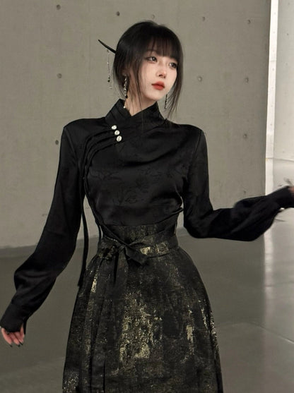 Dunkle China-Bluse + langer China-Rock