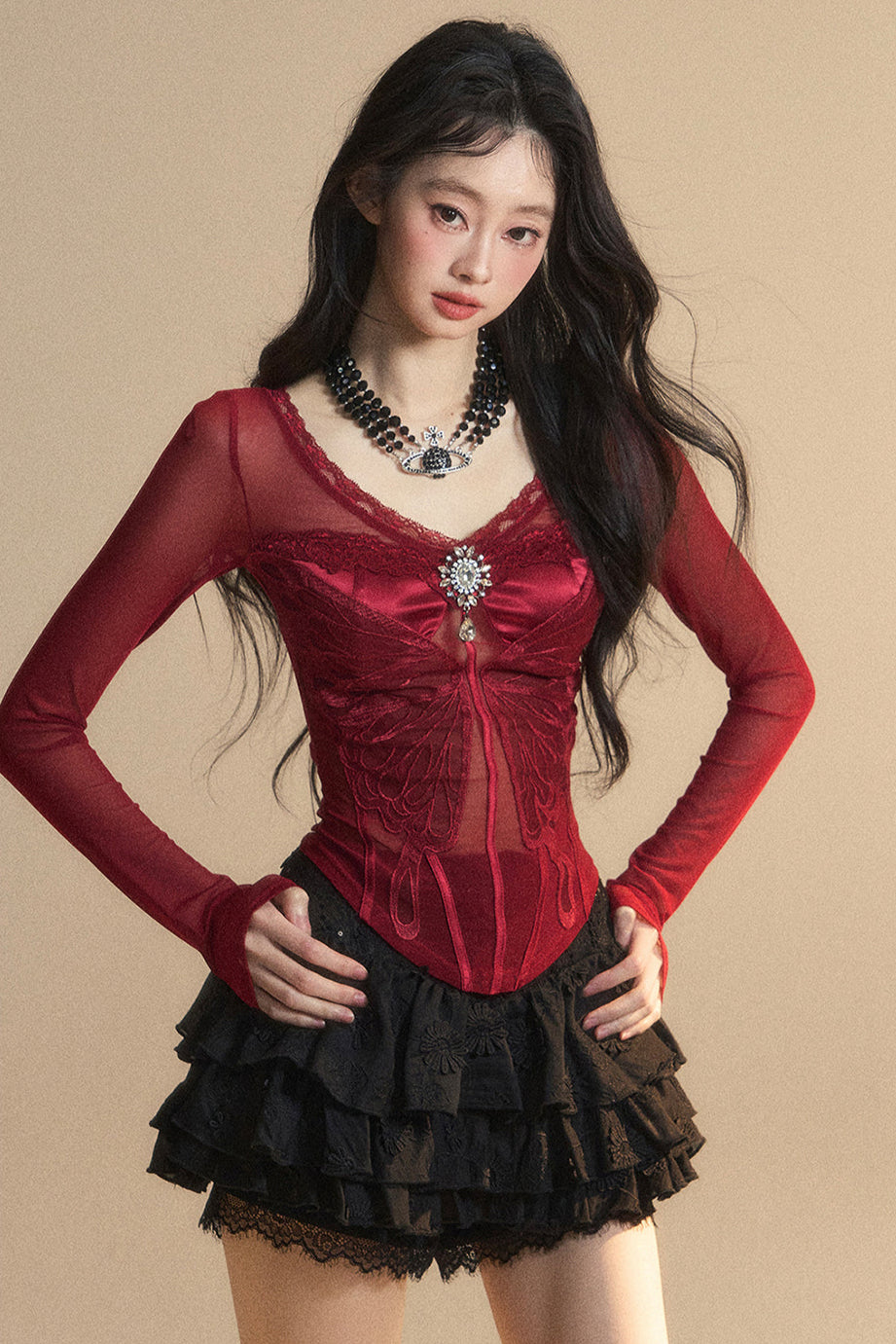 トップメッシュクランベリー 予約商品 オーストラリアンレース Vネック