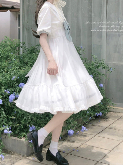 Tie Collar Puff + Sleeve Sailor Haori Tulle Dress Ribbon + Badge Overskirt