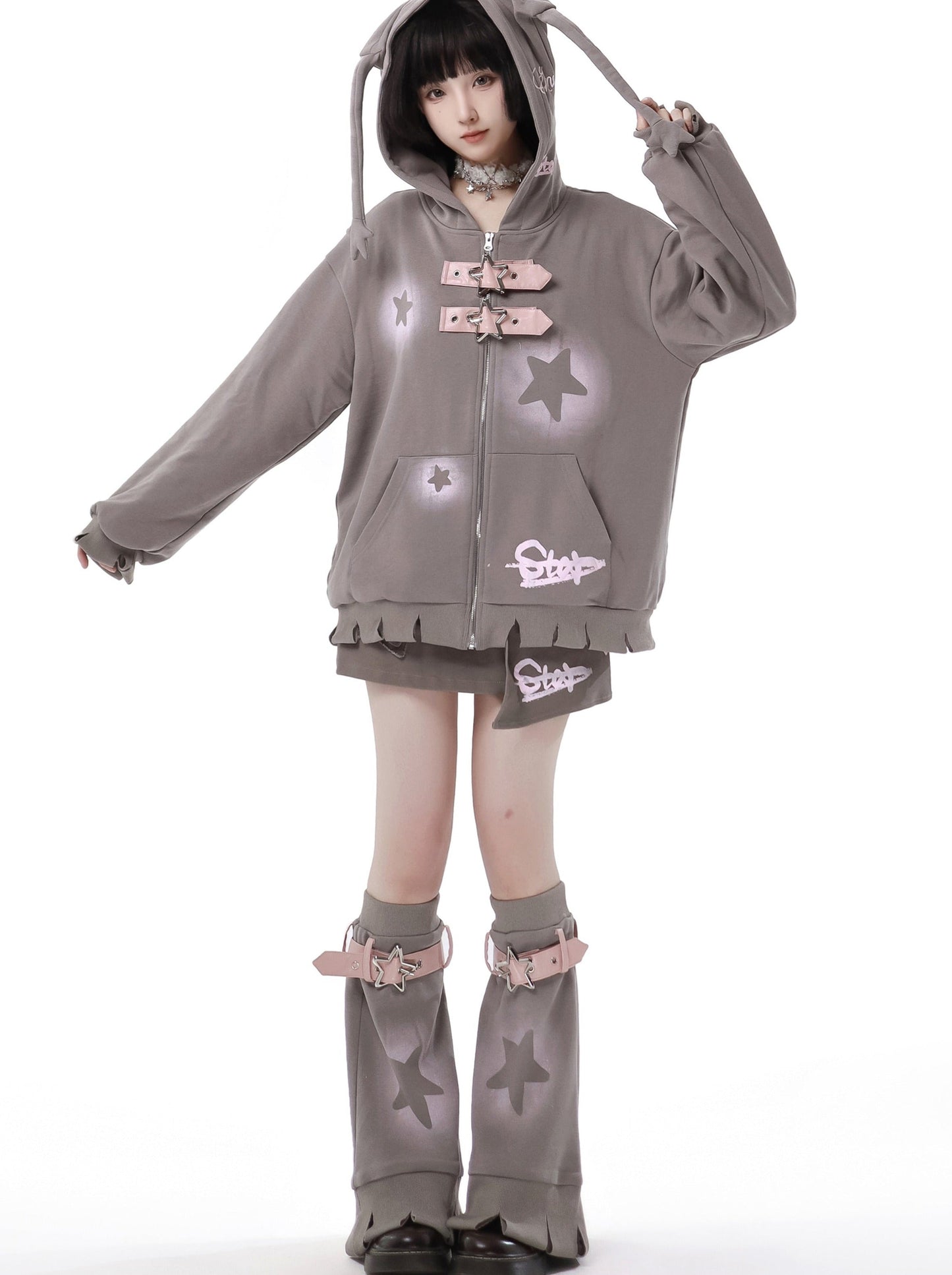 スターアメリカンプリント ルーズジップパーカー + イレギュラースカート + レッグウォーマー