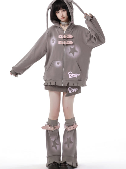 スターアメリカンプリント ルーズジップパーカー + イレギュラースカート + レッグウォーマー