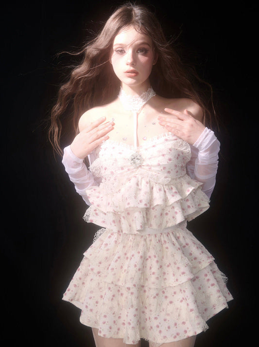 Top French Suit Off-the-shoulder Cake Skirt Flower Halter Tube Fairy + Apricot