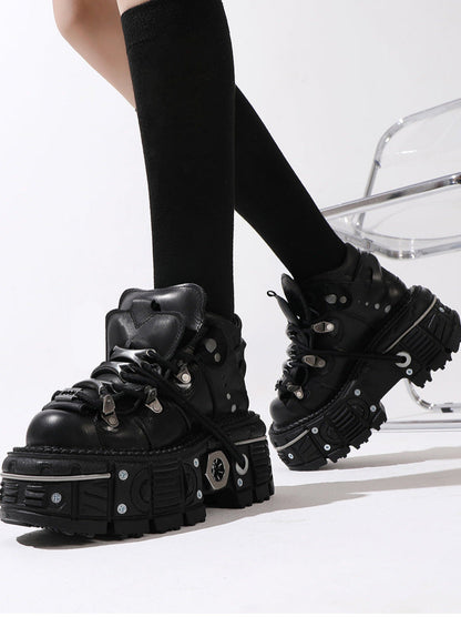 チェーンパンクメタルプラットフォームプレーンダークシューズハイトップ