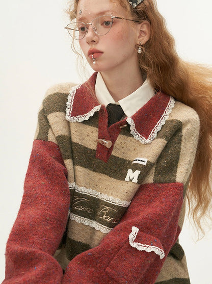 Polo Striped Sweater Retro Lace Pullover
