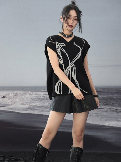 Knit Vest Flower Loose Contrast