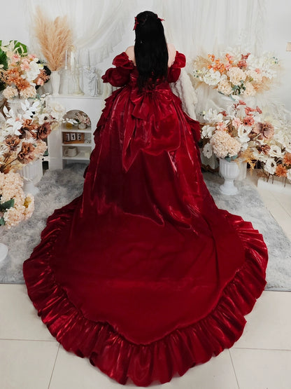 Plus Size Burgundy Satin Ball Rose Gown with Long Train Shiny Formal Dress