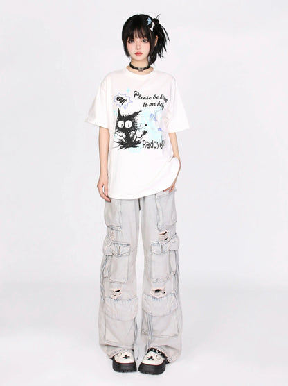 Cat T-Shirt Print Contrast Color Cartoon