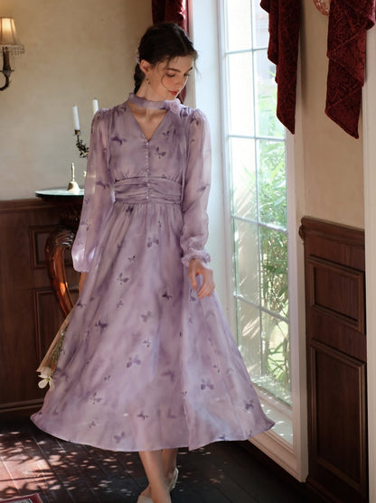 プリントドレス シフォン ブルーム フレンチ バタフライ