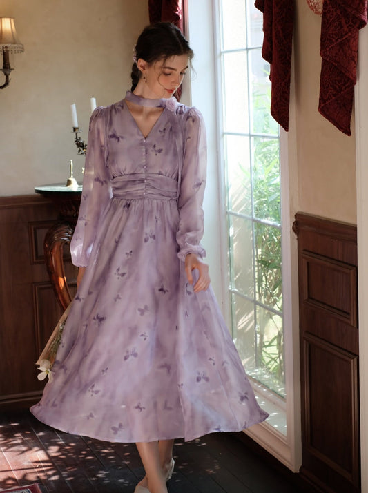 プリントドレス シフォン ブルーム フレンチ バタフライ