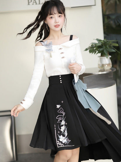 Top Schnalle Taille Asymmetrische Rock + Große Schleife Off-Shoulder China Hohe