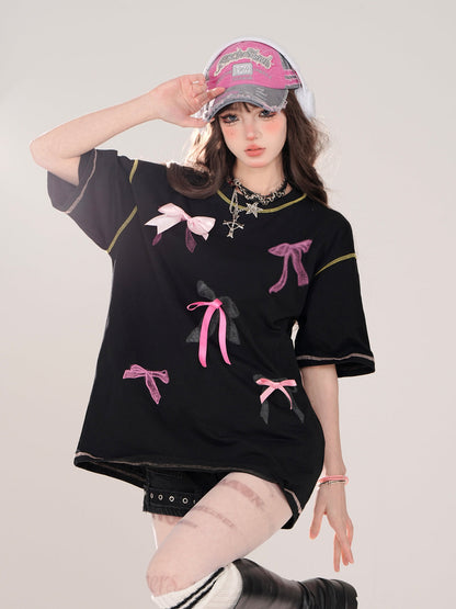 Tシャツ ストリート ラウンドプリント リボン アメリカン デコ ネック ルーズ