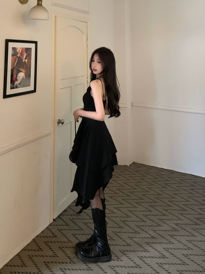 Black Asymmetric Spaghetti Strap Dress - A-Line Silhouette (M-4XL)