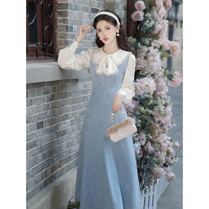 レトロなフリルチェックレターフェイクピースフレンチドレス2枚セット