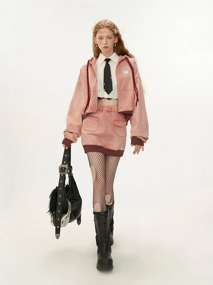 ジップパーカー Y2K ショートフード付きカジュアル + スカート