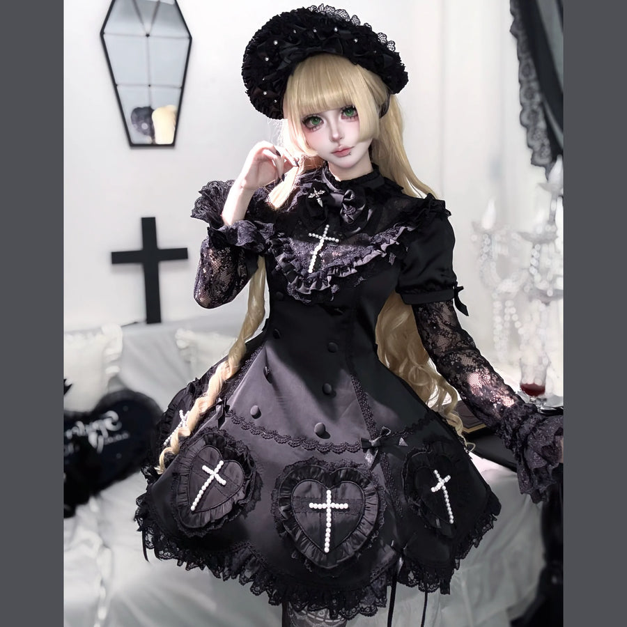 Black Night Cross Gothic Lolita coordinate styled with bonnet