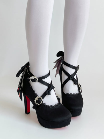 Holy Relic Cross black heels with crossover straps worn from the front