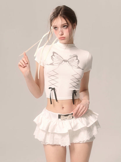 パールリボンスカート ホワイトフレンチパンツ レースフレア ホワイトアイ