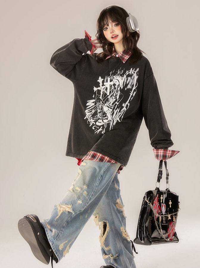 プリントトップス ネックルーズ ラウンド ダーク