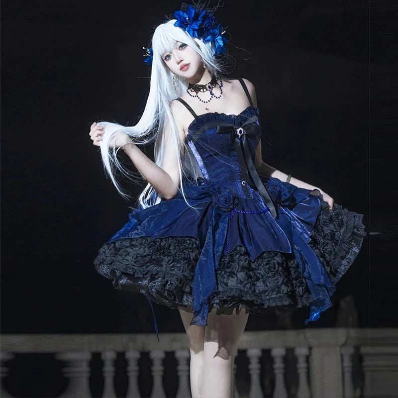 Blue Lolita-inspired short dress with fitted bodice and full skirt
